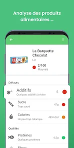 application pour prendre soin de sa santé et du contenu dans son assiette, capture écran de yuka avec mention des additif, du sucre, des calories,...