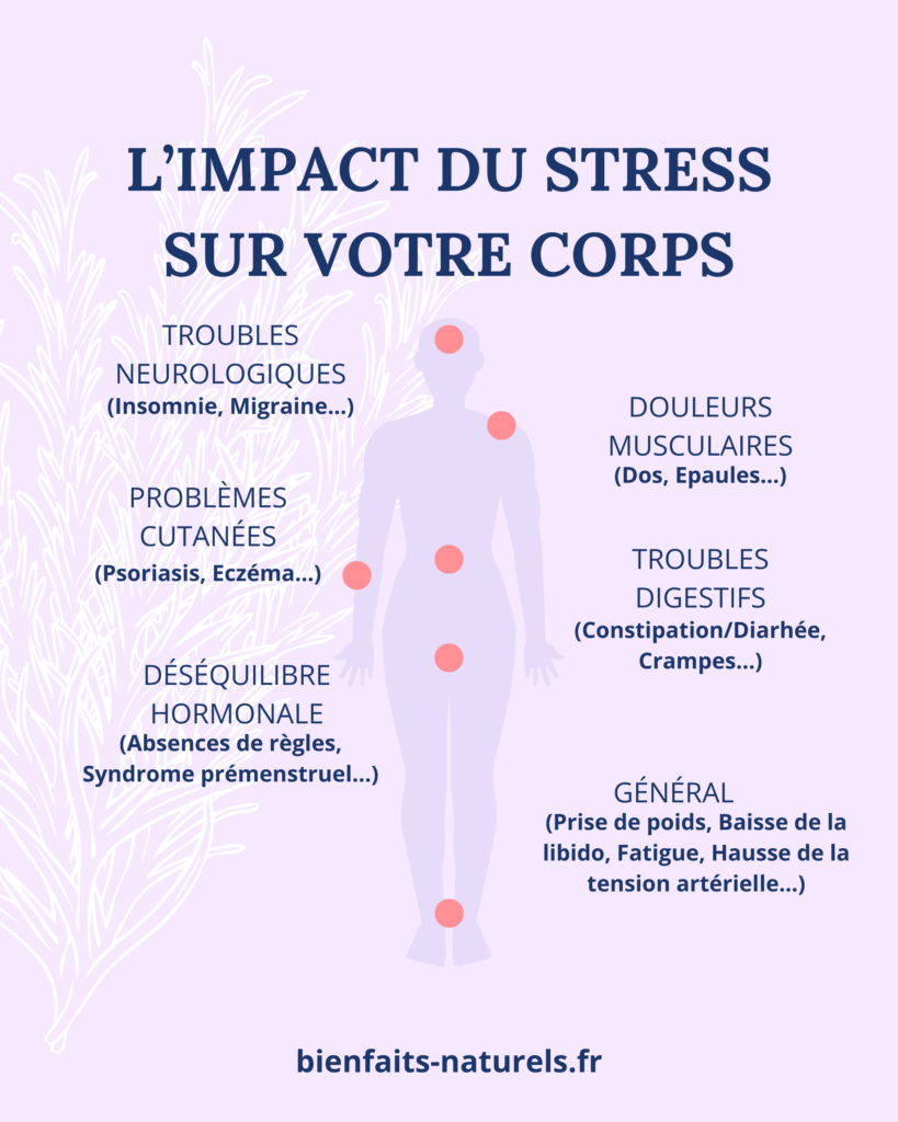 Illustration avec les différents impacts du stress sur le corps et de pourquoi avoir sa stratégie anti-stress est indispensable : troubles neurologiques (insomnie, migraine), douleurs musculaire (dos, épaule), problème cuttanées (psoriasis, eczéma), troubles digestifs (constipation, diarhée, crampes), déséquilibre hormonal (absences de règles, syndrome prémenstruel), Général (prise de poids, baisse de la libido, fatigue, hausse de la tension artérielle)