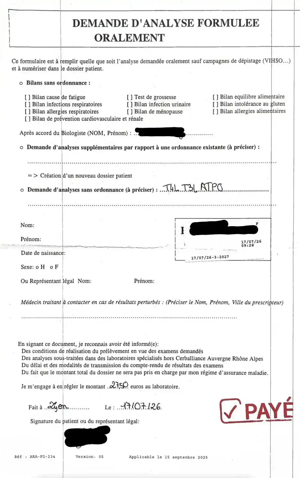 Formulaire pour faire une demande d'analyse biologique directement en laboratoire